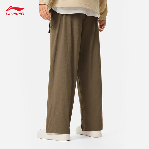 李宁（LI-NING）防泼水运动长裤男子夏季新款透气复古宽松阔腿工装裤运动裤子 柚木棕-3 2XL