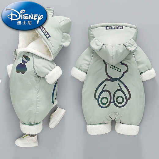 Disney (Disney) 2025 Newborn Baby Winter Clothes Plus Velvet Quilted Baby Onesies Going Out Thickened Cotton Clothes Romper Winter BB-Print Bear Green Winter Clothes 90cm 90 Sizes (19-24Jin Jin is equal to about 0.5 kg)