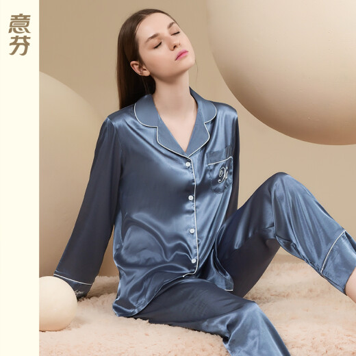 意芬2025年新款睡衣女士春秋款夏季冰丝薄款长袖仿真丝绸家居服套装 9928灰蓝 L