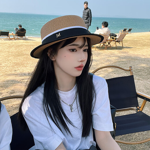 槿城编织平顶草帽女夏季海边度假遮阳防晒帽字母遮脸太阳礼帽mT825 米色 M(56-58cm)