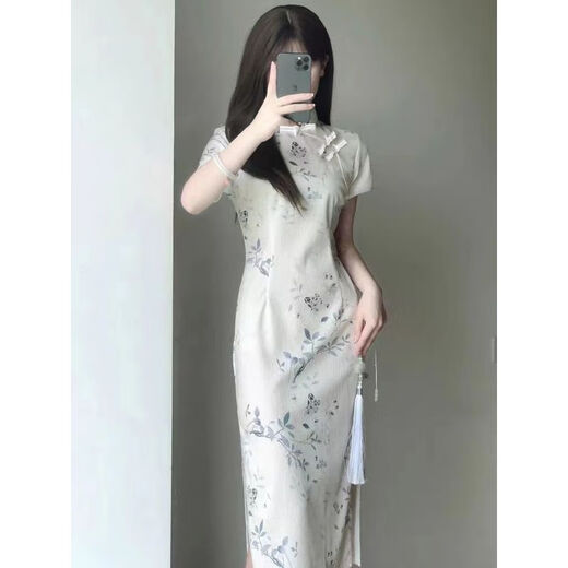 Reserved style new Chinese retro Republican style cheongsam 2025 summer new young girl slim dress for women long 719 flower branches [excluding accessories] M Recommended 85-100 Jin [Jin equals 0.5 kg]