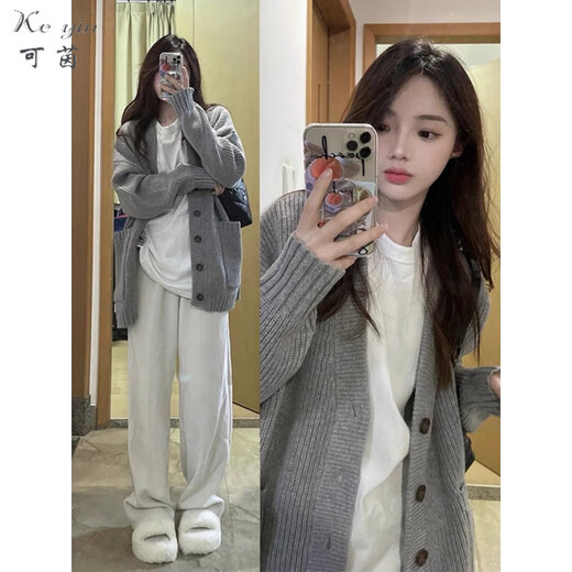Keyin Casual Hosen Frauenanzug 2025 Frühling neuer Stil kleiner fauler Stil Strickpullover Weitbein Hosen 3882 grauer Pullover m