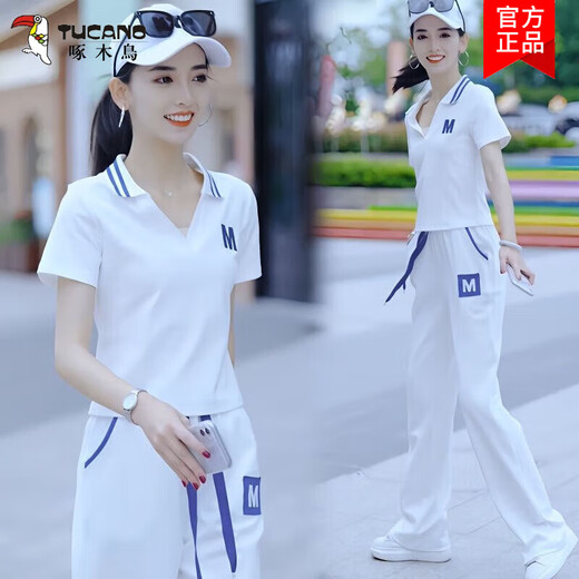 Woodpecker (TUCANO) 2024 summer new sportswear suit for women fashion internet celebrity thin short-sleeved age-reducing fashionable casual two-piece set White trousers suit [short-sleeved + trousers] M [Suggested 80-100Jin [Jin equals 0.5 kg]]
