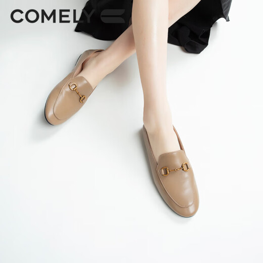 COMELY loafers women's cow/sheepskin flat slip-on shoes round toe small leather shoes camel color 37