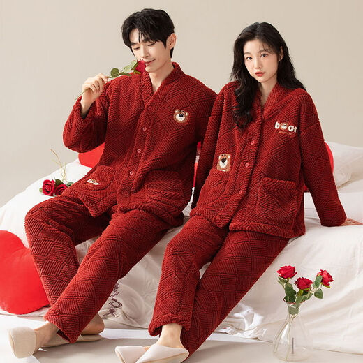 LangSha Couple Pajamas for Men and Women Winter Coral Velvet Big Red Newlywed Wedding Suit for the Year of the Zodiac Plus Velvet Home Clothes Heart to Heart Ms. M