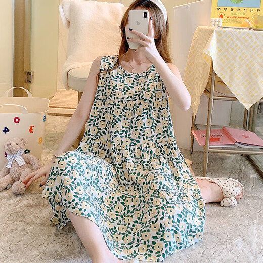 Zhidoudou sans manches en coton de nuit en soie en soie pour les femmes en printemps et en été Internet célébrité grande taille pyjamas vêtements à la maison jupe de fée japonaise jupe de coton mince 1697 Fondation orange petite fleur m
