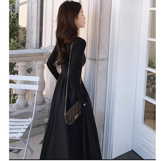 FOX.G Black Dress Women's Autumn and Winter Skirt Women's 2025 Spring and Autumn New Long Skirt Small Women's Skirt Autumn Wear Black Square Neck Waist Long Sleeve Dress XL Recommended 105-125Jin Jin equals 0.5 kg