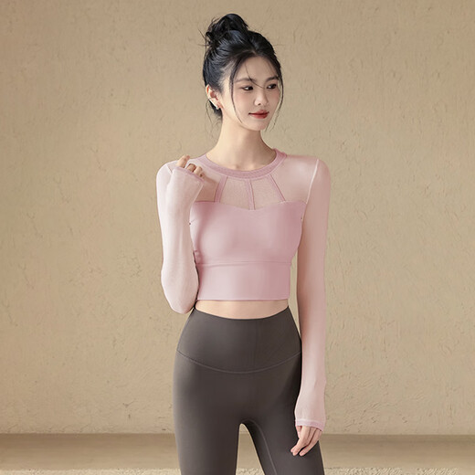 LULUUVTTOH yoga clothes for women, autumn and winter sports tops with chest pads, sexy mesh long-sleeved Pilates training fitness clothes, black, fixed chest pads M