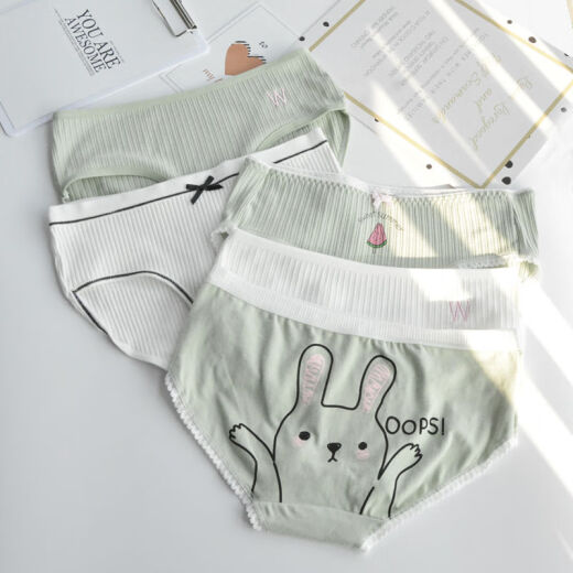 Yi Shuhan 5 pairs of junior high school girl underwear, girl student pant top, seamless, medium and large children's underwear, Korean style cotton white green cotton cute cartoon junior high school students, high school students, medium low waist pants [5 pieces] BEST [one size] suitable for 80-110Jin [Jin equals 0.5kg] around