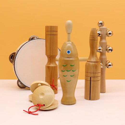 Xingbeixiang Kindergarten Orff Percusión Instrumento Libro de texto Conjunto de registros de enseñanza Ayudas Patriz de altavoces Hammer Tambourine Triángulo Doble Tamburina de hierro Log de madera Color de madera 6 pulgadas/diámetro 15 cm