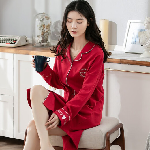 Romon pajamas for women autumn pure cotton long-sleeved cardigan big red nightgown cartoon print casual home wear red XL size