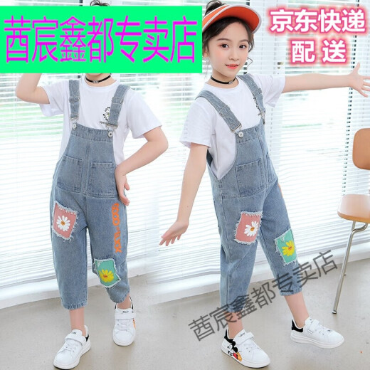Children's clothing girls suit women's fashion overalls summer clothes new medium and large children 3-15 years old short-sleeved shirt denim overalls two-piece set summer casual little girl clothes trendy q cropped pants suit 120