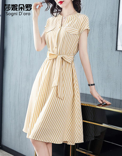 
Shanidoluo large size women's summer clothing fat mm new product fat sister fat man looks slim and covers the belly dress short sleeves 15925 yellow 3XL recommended 140-160Jin [Jin equals 0.5 kg] to wear