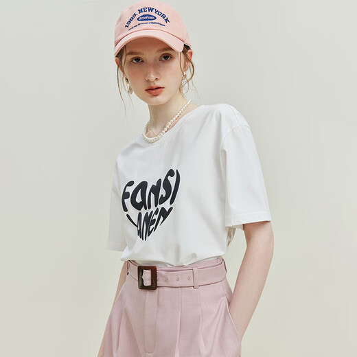 Fan Silan 23FS12383/12392 Weiße Liebesbriefe kurzärmeligte T-Shirt für Frauen im Sommer runden Hals losen Oberteil aus weißen kleinen Buchstaben xs xs