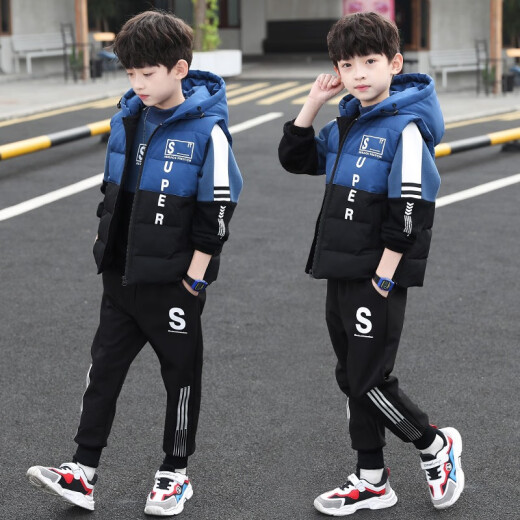 Children's clothing for boys and girls suit little boy spring and autumn long-sleeved pants three-piece set children's sports suit jacket pants 2020 autumn small, medium and large children's clothes 12 thickened three-piece set blue 160 (suitable for height 150CM)