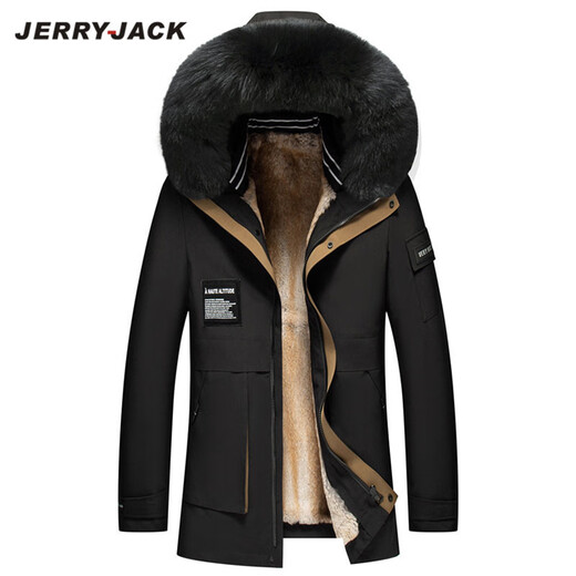 JERRYJACK men's parka with full mink fur lining and removable fur one-piece winter warm coat, fashionable men's coat, off-white + silver fox fur collar + white mink lining M/170