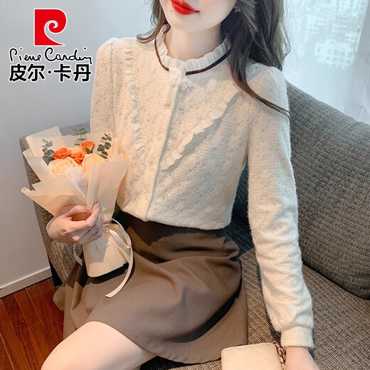 Pierre Cardin (Pierre Cardin) French long*sleeve lace bottoming shirt for women in autumn 2025 early autumn new loose western style shirt with apricot plus velvet 2XL 126-140Jin Jin is equal to 0.5 kg
