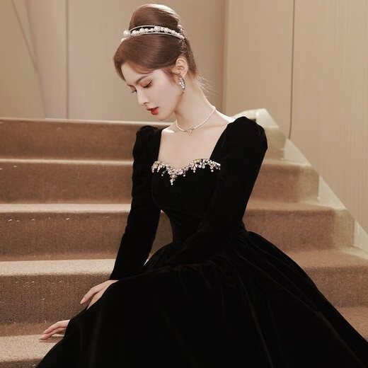 Libaixin black evening dress for women 2025 new style light luxury high-end temperament annual meeting adult ceremony velvet autumn and winter long-sleeved dress black S
