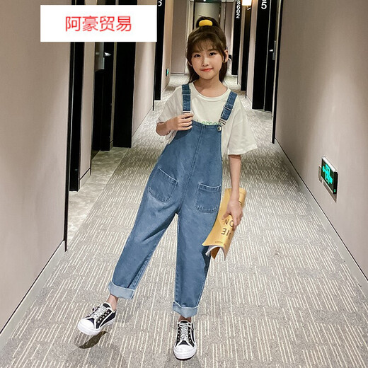 Qiahan Girls Overalls 2020 New Medium and Large Children Spring and Autumn Long Pants Korean Style Loose Spring Wide Leg Denim Children's Pants Blue 130 cm