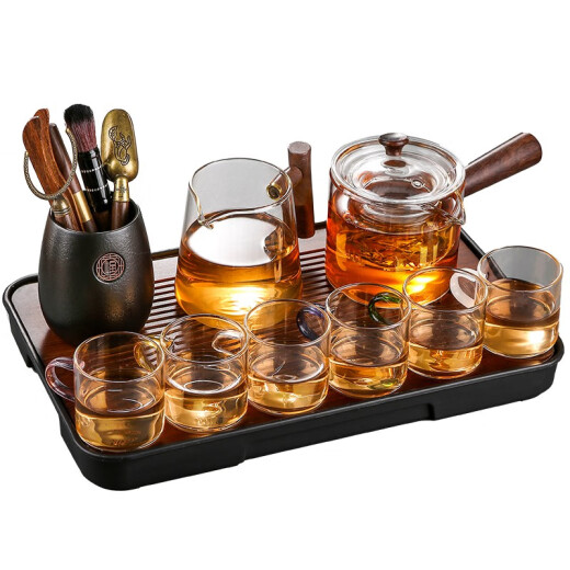 Sanduojiuru tea set, home glass kung fu tea set, light luxury, high-end office reception tea set, 8-piece tea set for one person, one color + six gentlemen + tea tray (37*23)