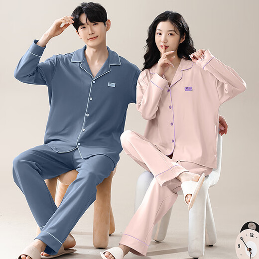 Dingguagua Couple Pajamas Pure Cotton Long Sleeve Spring and Autumn Lapel Men and Women Loose Large Size Cotton Home Clothes Set LLA73882 Male XL