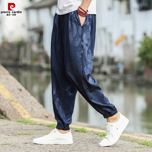 Pierre cardin Chinese style summer thin ice tow feet casual pants Chinese loose dragon pattern harem pants men's versatile trousers blue Buy one-shot XL 135-145Jin [Jin equals 0.5 kg]