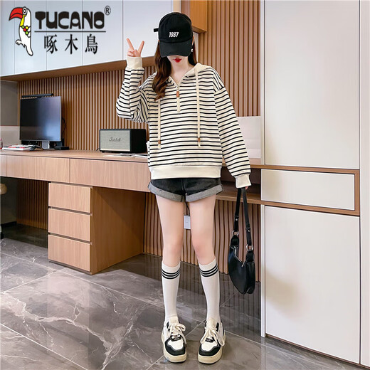 啄木鸟条纹卫衣女连帽2024秋季新款韩版大码宽松设计感减龄百搭长袖上衣 图片色 6625 2XL 125-135斤