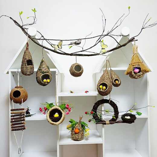 Bird's Nest Decoration Simulated Grass Woven Grass Nest Handmade Outdoor Bird House Outdoor Pendant Coconut Shell Bird's Nest Swallow's Nest (Small Size) Grass Bird's Nest + Bird Head 1 Bird Head Yan