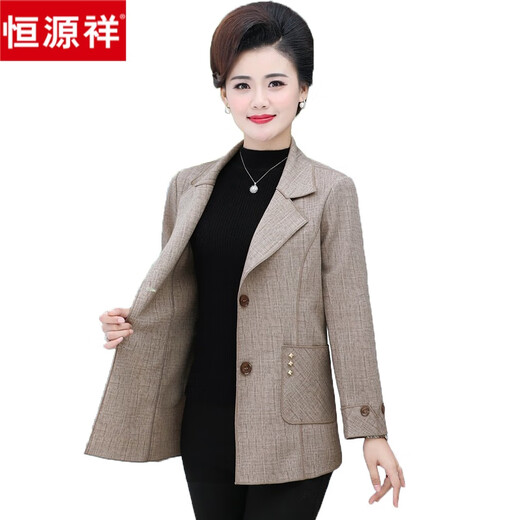 恒源祥2024新款中年妈妈西装外套女春秋短款薄款40岁50中老年人春装上衣 983-卡其色 3XL 建议120-135斤