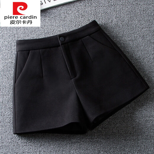 Pierre Cardin Knitted Black Shorts Women's Autumn and Winter 2025 New Woolen High Waisted A-Line Wide Legs Versatile Outerwear Woolen Boot Pants Black S 26