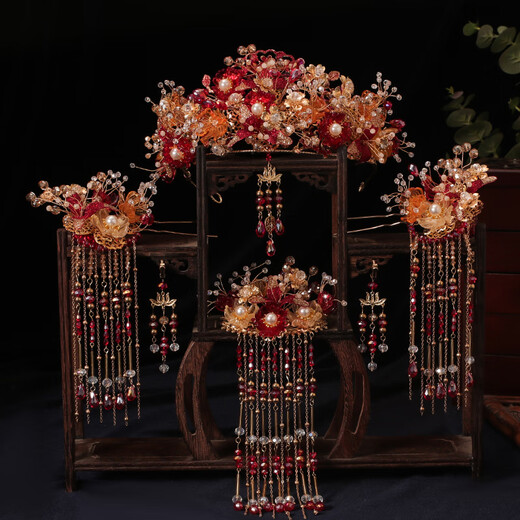 DR-FLVVS Fat Donglai's same style phoenix crown Xiamei headdress Chinese style bride Xiuhe 2024 new style atmospheric front and rear hair crown wedding eyebrow model phoenix crown suit + ear clip