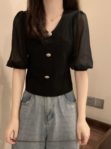 依慕琪2025夏新款冰丝雪纺拼接V领短袖针织衫淑女薄款打底衫短款上衣MCL 3523黑色 均码 (70-125斤可穿)
