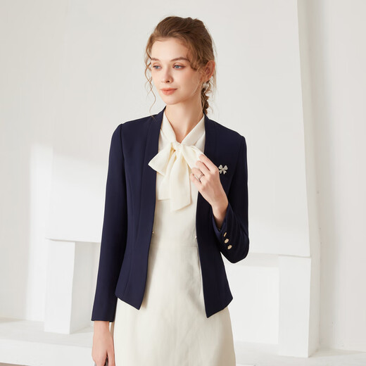 JANE STORY 2026 Spring New Short White Suit Jacket Women's High-Quality Work Clothes Professional Collarless Suit Top Dark Blue XL