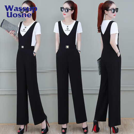 
Simple position strap wide-leg pants for women 2025 summer new Korean style fashionable age-reducing black pendant feeling slimming suspender jumpsuit white top + overall pants set one size s 2 feet 1105Jin [Jin equals 0.5 kg]