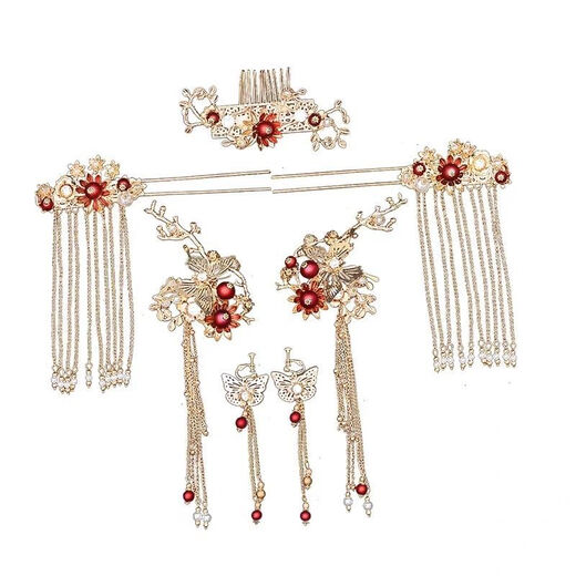 Lingchuan Chinese style bridal Xiuhe headdress, simple and elegant red tassels, walking phoenix crown, wedding hair accessories, Xiuhe clothing accessories, ear hook style