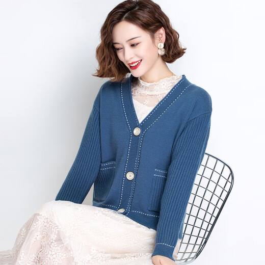 Gomila Sweater Women's Cardigan Autumn New Sweater Women's Jacket Fashion Korean Style Spring and Autumn Women's Long Sleeve Short Style Blue M