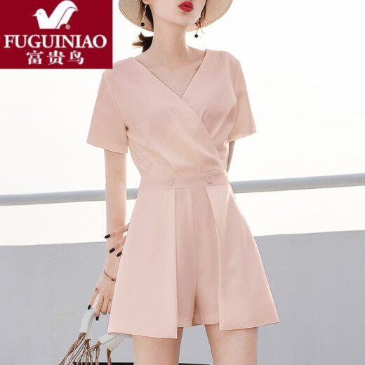 Fuguiniao high-end light luxury jumpsuit for women summer new Korean style ins temperament waist slimming wide leg shorts suit V-neck short-sleeved jumpsuit pink XS