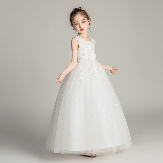 
Dev Ake children's dress girl princess skirt host high-end piano performance evening dress little girl wedding summer big boy BX683 long sleeveless white 130 (recommended 41-50 Jin [Jin equals 0.5 kg])