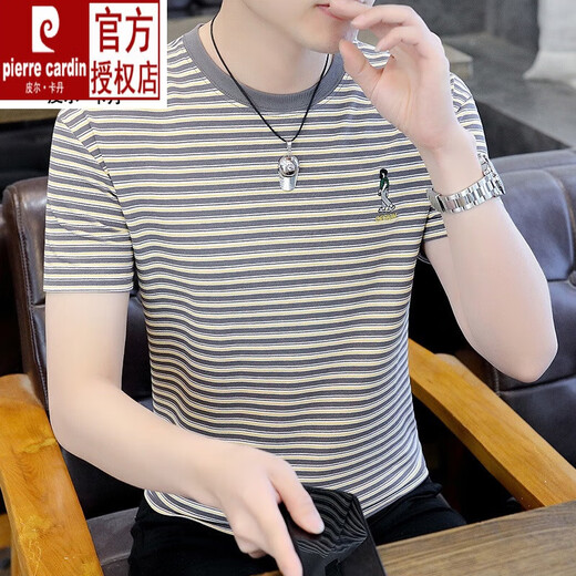 Pierre Cardin Herrener runder Hals reines Baumwollstreifen kurzärmeligte T-Shirt für Herren Sommer Neues T-Shirt Koreanischer Stil Schleicher Pass