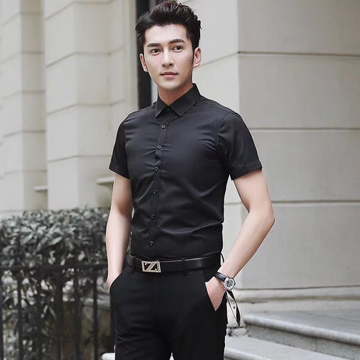 楠馨妤夏季薄款短袖白衬衫男免烫修身商务工作服职业正装衬衣男工装 纯色短袖衬衫-白色 XL