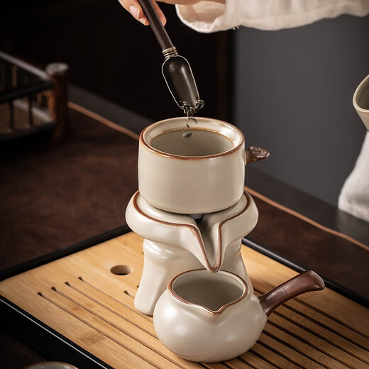 Porcelain brand tea set Ru Kiln automatic tea set set Ceramic stone mill lazy tea making artifact household anti-scalding Kung Fu tea set complete set Beige Ru Kiln single tea set + fair cup 1 piece
