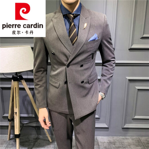 Pierre Cardin (light luxury quality) formal men's suit men's suit British slim business professional double-breasted solid color groom's wedding dress three-piece knitted double-breasted brown (suit + vest + trousers, shirt tie) 48/M