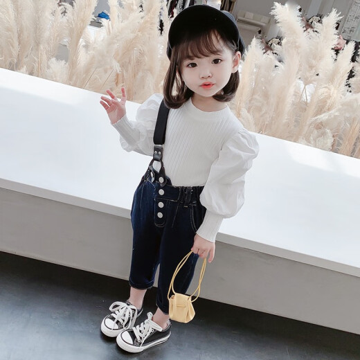 Haizhile Children's Clothing Girls Autumn Clothing Set 2021 New Children's Overalls Two-piece Set Western Style Three-Year-Old Baby Girl Autumn Little Girl Clothes Trendy Dark Blue 100 Size Recommended Height 100cm