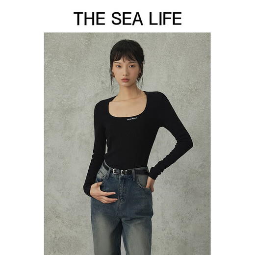 THE SEA LIFE欧海一生 打底衫女修身棉系针织衫13799 黑法师 L