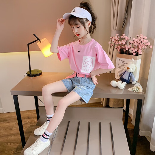 Shengxiao Children's Clothing Girls Suit Autumn 2021 Korean Style Casual Sports Round Neck Pure Cotton Two-piece Set for Middle-sized and Big Children Little Girls Pink 140 Size Recommended Height 130cm