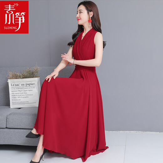 Suzheng chiffon dress slimming 2020 summer new style long beach dress solid color slim sleeveless suspender strapless dress party cocktail party noble red evening dress elegant and chic burgundy XXL