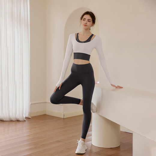 Kong Yu Yoga Wear Women's Suit Pilates Training Wear Top with Breast Pad Spring and Summer New Sports Fitness Wear Long Sleeve Green Top + Green Pants L