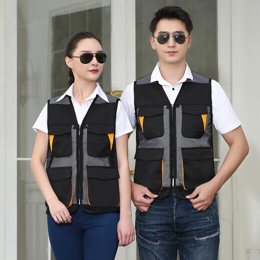 Qinqinjia summer vest work clothes multi-pocket breathable zipper labor protection vest outdoor reporter photography fishing vest men gray XL