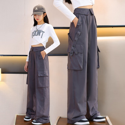 优优1点（Yoyo one）女童裤子春秋款工装阔腿裤儿童春季新款大童直筒卫裤秋季 15053灰色【春秋款】 150cm