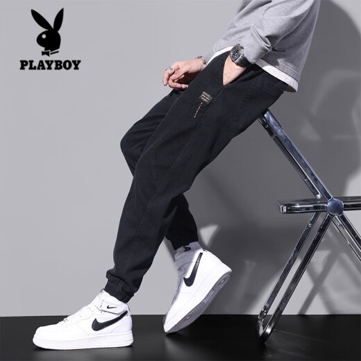花花公子（PLAYBOY）加绒牛仔裤男士秋冬款束脚潮牌2024秋季新款休闲九分裤子工装长裤 DW_9859 黑色 加绒 XL